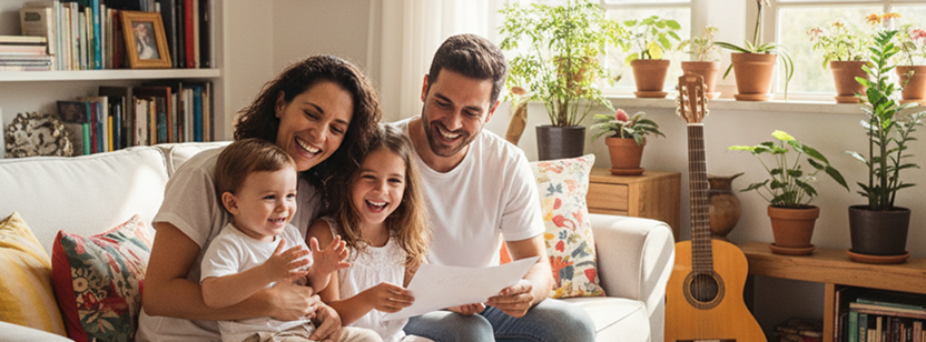 Família descontraída conversando na sala sobre finanças